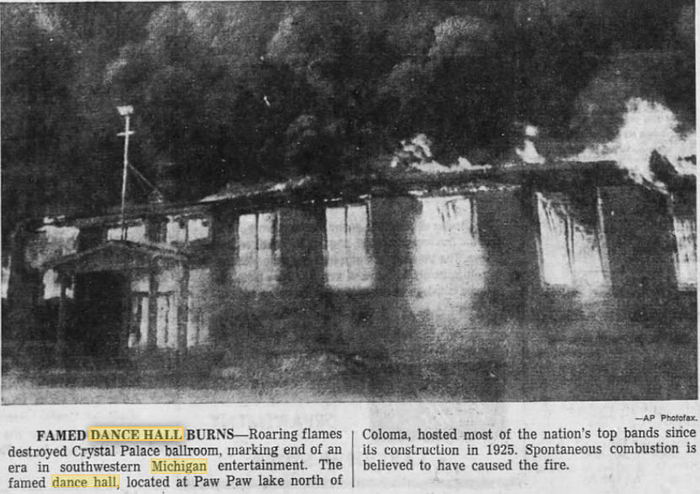 Crystal Palace Ballroom at Paw Paw Lake - FEB 23 1963 ARTICLE ON FIRE